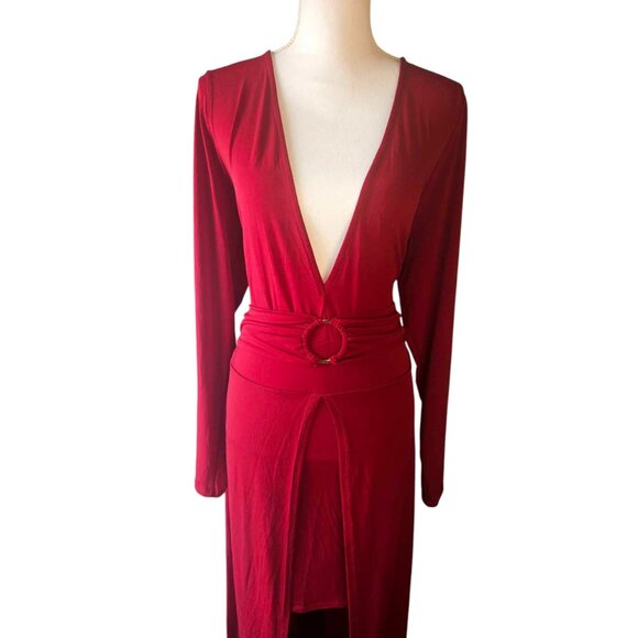 Curvy Sense 2X Red maxi dress long sleeve belted waist, and deep V-neckline - Picture 3 of 4